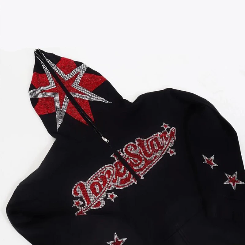 

BIG PROMOTION autumn and winter Y2K American five-pointed star rhinestone hooded sweater Gothic zipper cardigan loose coat