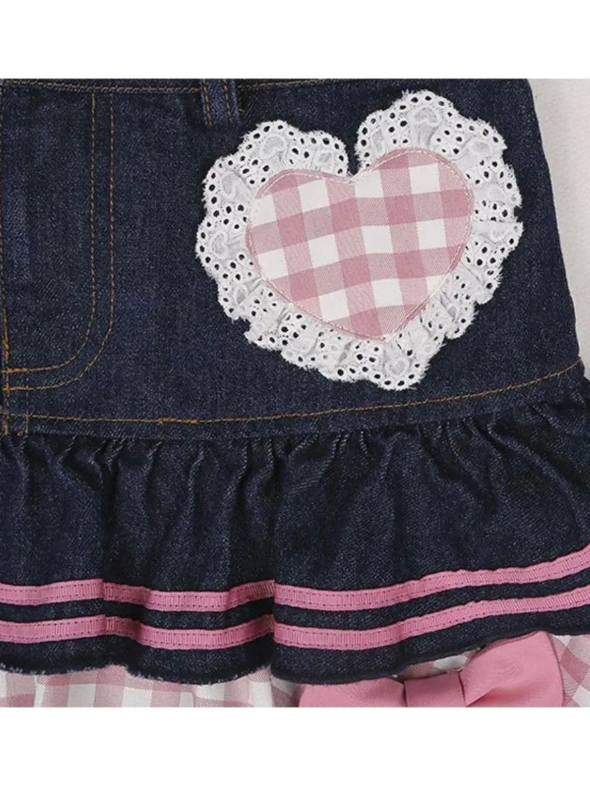 

Pink Plaid Patchwork Bow Denim Skirt Street Sle A-Line Skirt with Interior Stand Fit ort Length