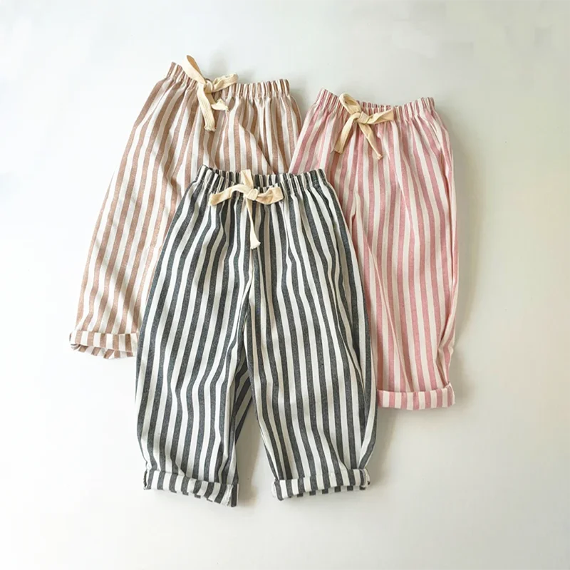Gestreifte Jungenhose aus Retro-Hanf-Baumwolle mit lässigem und hochwertigem Design, elastische Taille, Mädchenkleidung, Kinderhose – Detail 5