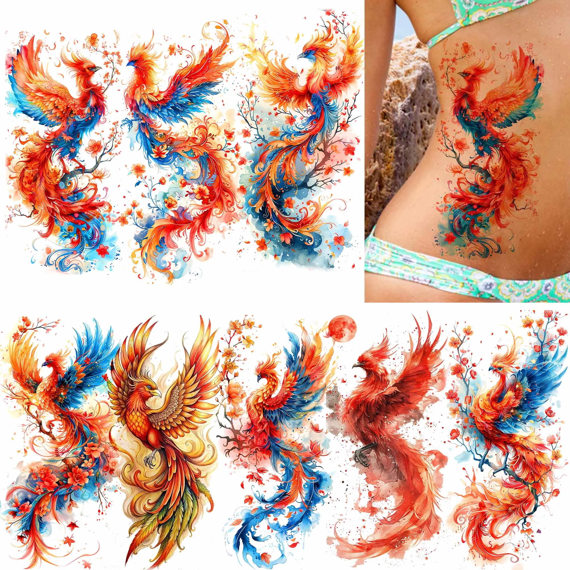 1 Sheet Phoenix Watercolor Temporary Tattoos For Women Girls Fake Covers Up Water Transfer Tattoo Sticker Adults Arm Waist Thigh