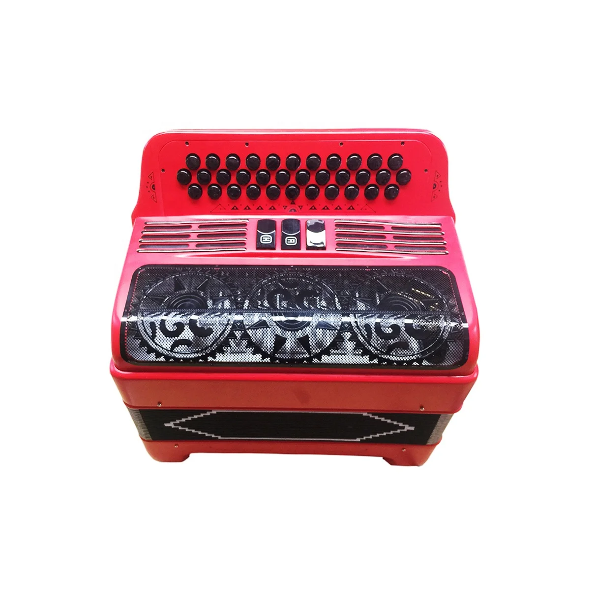 

Профессиональный аккордеон с 34 кнопками, 12 басами и 3 регистрами, красным корпусом и черными грилями, черными кнопками Acordeon JB3412C