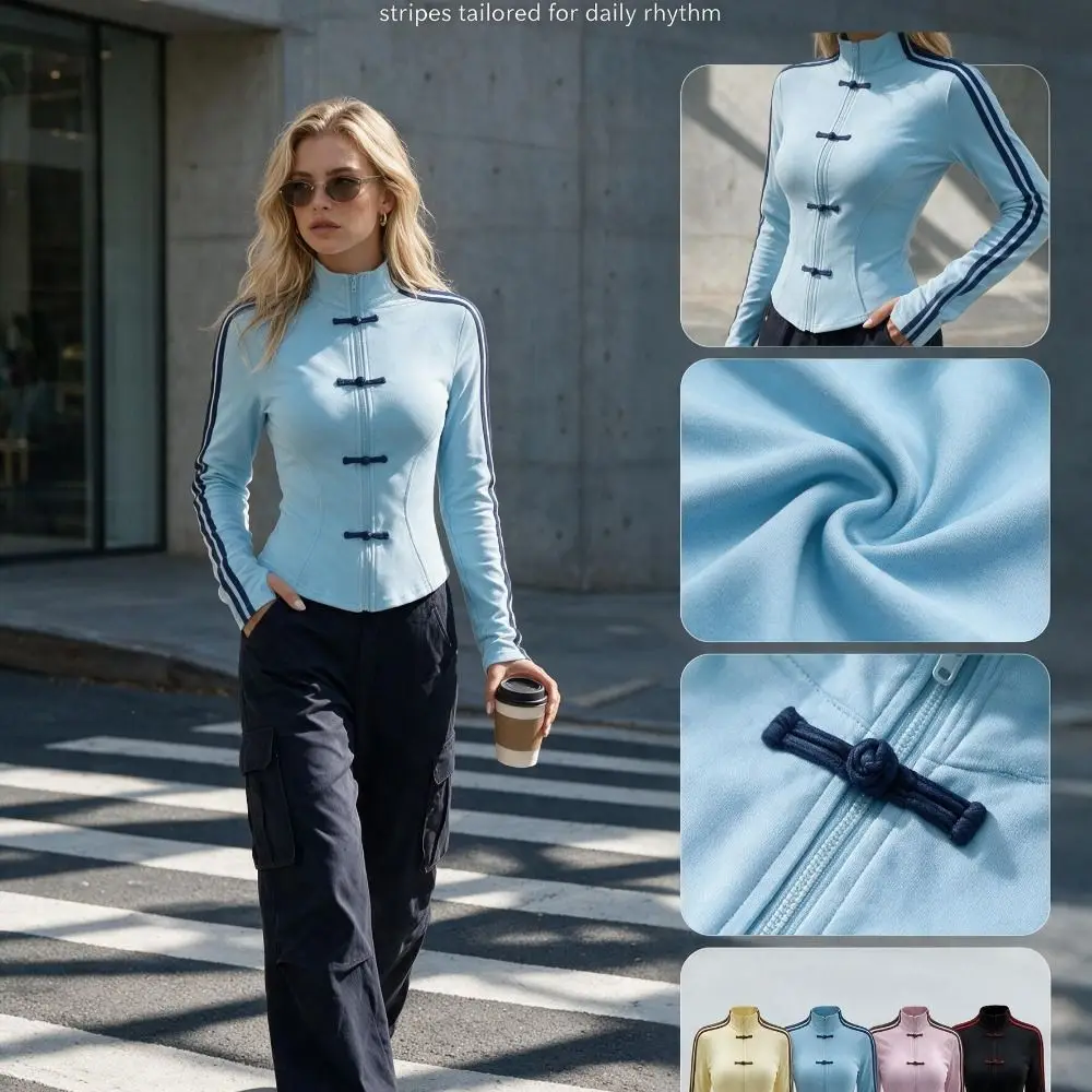 Slim Fit Frog Button Jacket Stand Collar Long Sleeve Casual Coat Striped Pattern Y2K Aesthetic Chinese Style Jacket