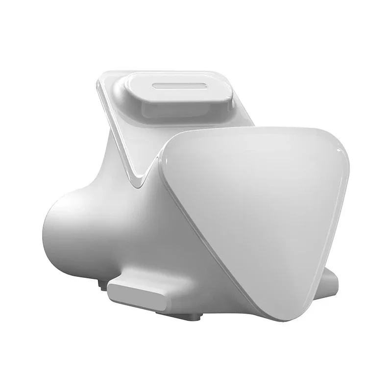 Gamepad, white charger, magnetic charging base.