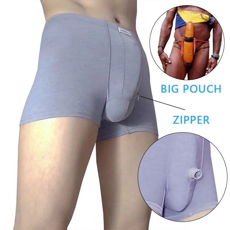 Man Super Bulge Pouch Underwear with Large U-Convex Zipper Crotch Pocket Scrotum Unique Design Big Cock Gay Chastity Cage Boxers