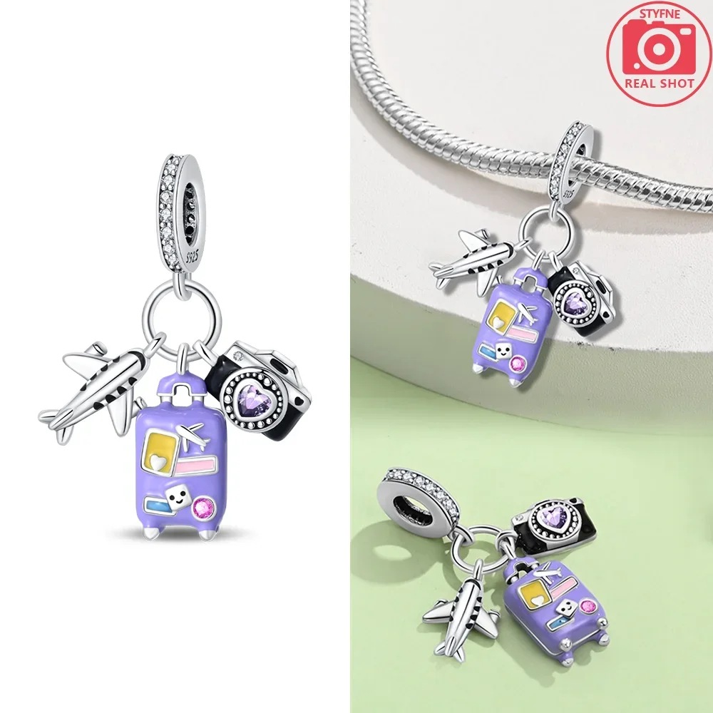 Silver 925 Travel Series Suitcase Camera Airplane Hat Charms Fit Original Snake Chain Bracelet DIY for Women Jewelry Making Gift