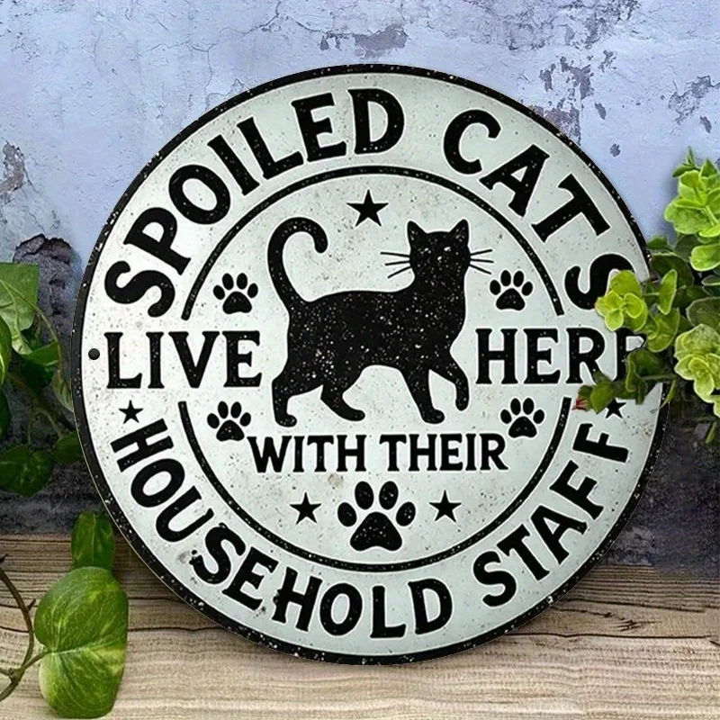 قطعة واحدة من لافتة حديدية عتيقة مقاس 8 بوصات - صورة ظلية كلاسيكية على شكل قطة سوداء مع رسالة "القطط المسحوقة هنا" - ريفي متعثر