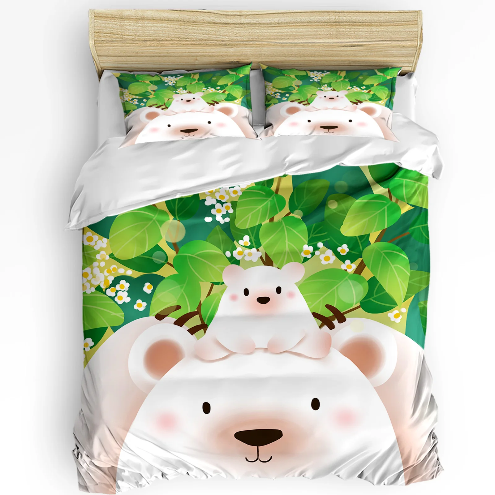 

White Bear Leaves Cartoon Duvet Cover with Pillow Case Custom Comforter 3pcs Bedding Set Quilt Cover Double Bed Home Textile