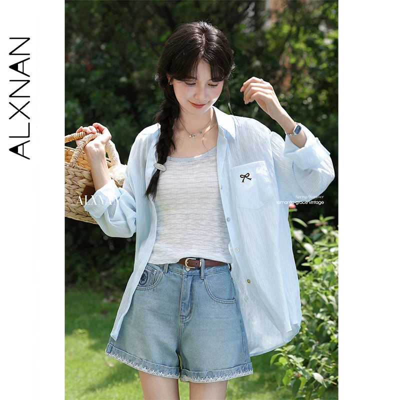 

ALXNAN синяя рубашка с длинными рукавами, защита от солнца, повседневные элегантные блузки свободного кроя, тренд 202, летние тонкие женские кардиганы, топы L56539