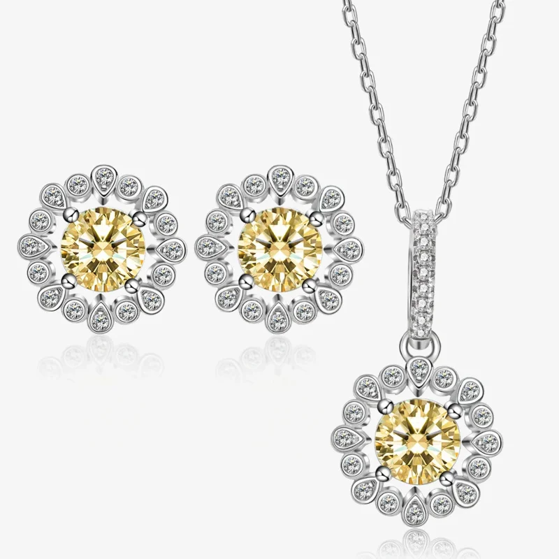 Luxury Colorful Flower Cubic Zirconia Earring pink Cz 925 Sterling Silver Pendent Necklace Yellow Zircon Jewelry Set for Women