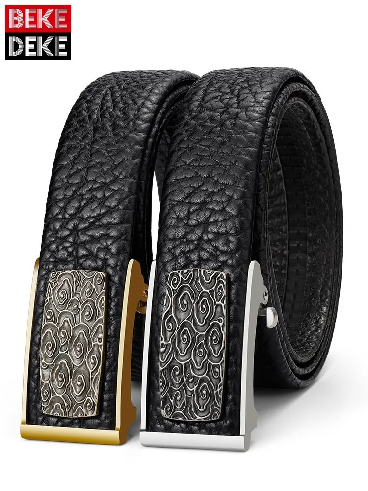 Vintage Pattern Stainless Steel Automatic Buckle Cowhide Genuine Leather Belt Fashion Waistband Business Man Work Strap For Pant