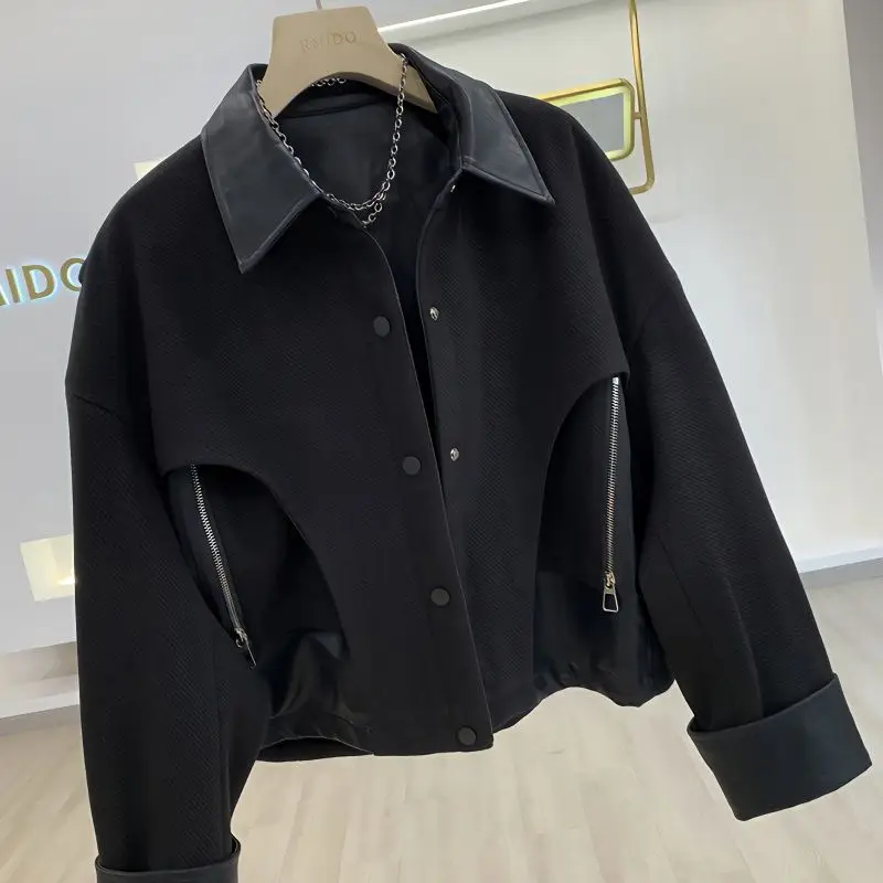 

2024 Spring Autumn New PU Leather Spliced Woolen Women's Top Jacket Fashion Short Commuter Coat