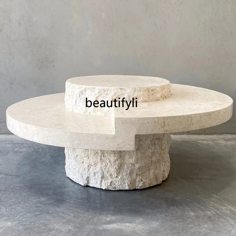 Nordic creative travertine natural marble coffee table living room home model room art round coffee table