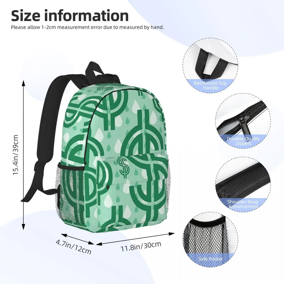 Green Fluorescent Dollar Sign Backpack Daypack Large Capacity Boys Girls BookBag Shoulder Bags for Men Women Kids School Bag