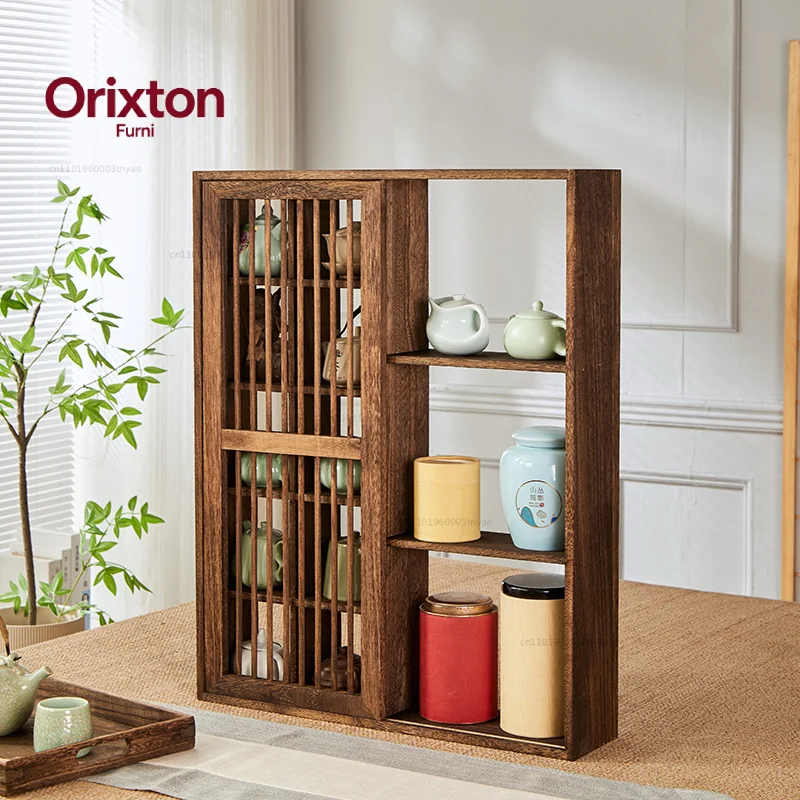 Solid Wood Chinese Style Wall-Mounted Tea Set Display Shelf Multi-layer Organizer for Teapot & Tableware Grid Storage Rack
