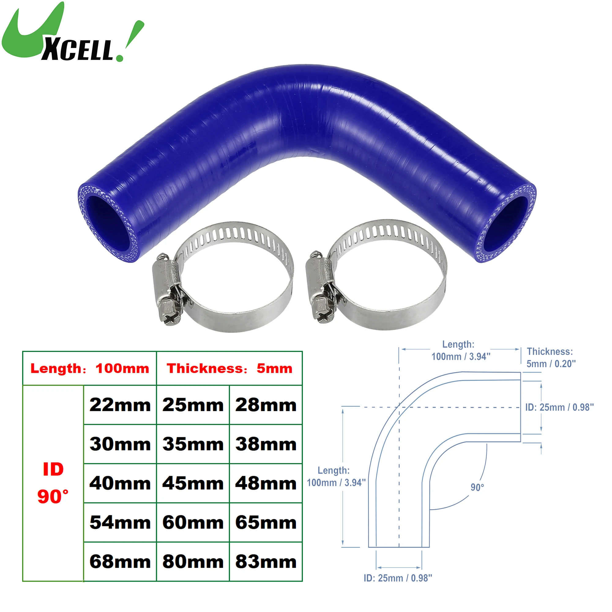 

UXCELL 1 Set 90 Degrees 22mm 28mm 38mm 45mm 54mm 68mm-83mm ID 100mm Length Car Silicone Hose Coolant Hose with Clamps Blue