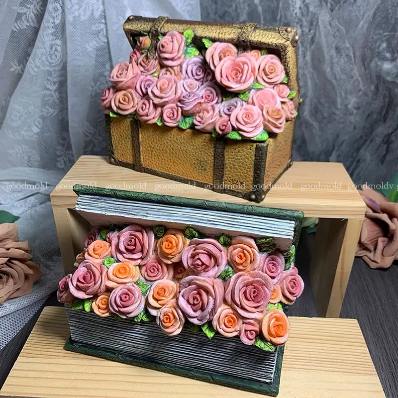 Rose Luggage Storage Box Silicone Mold DIY Book Flower Trinket Box Plaster Cement Mould Suitcase Epoxy Resin Candle Molds