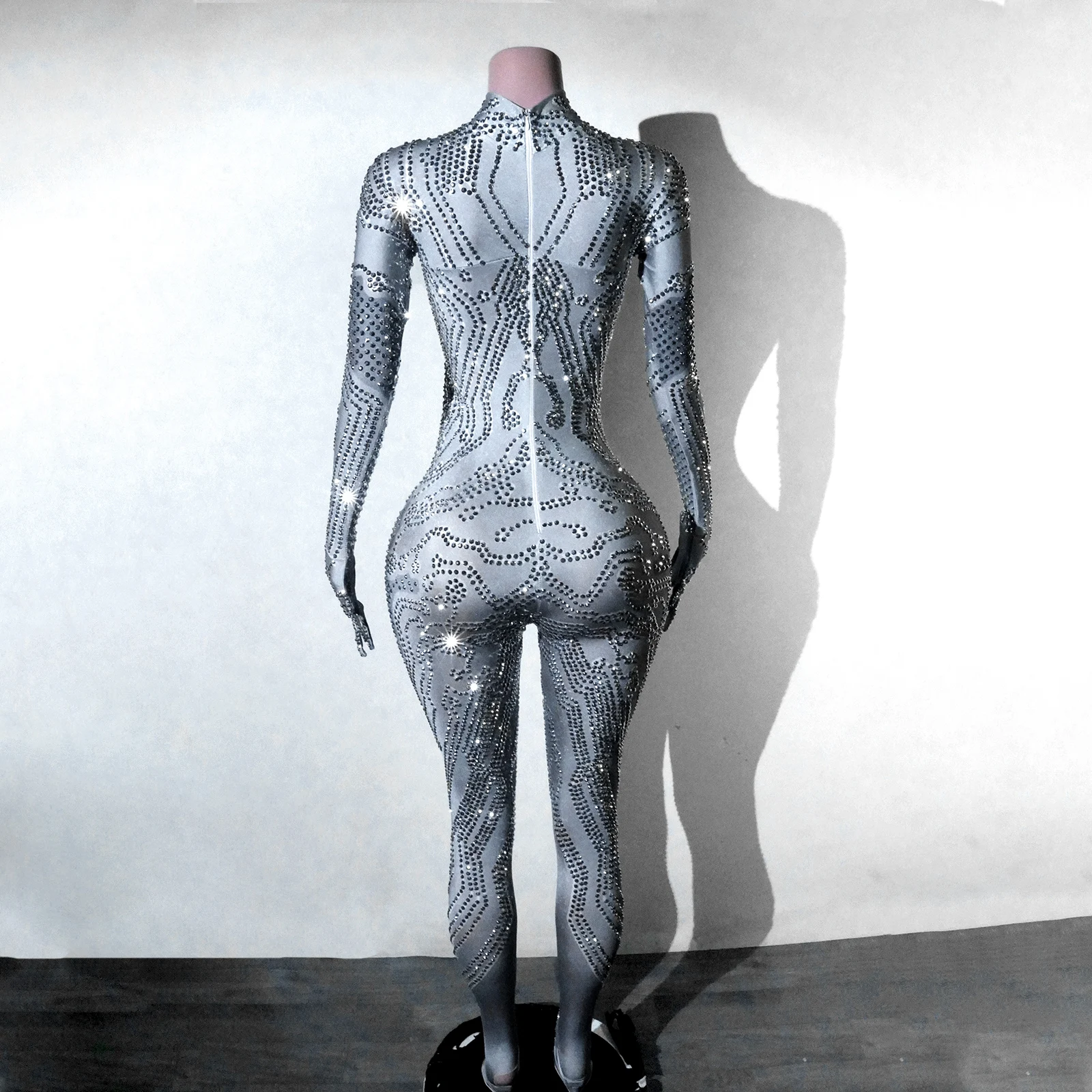 Glitter Grey Full Crystal Long Sleeve Jumpsuit Drag Costume Show Singer Performance Femme Show Girl Go Go Outfit Festival Club