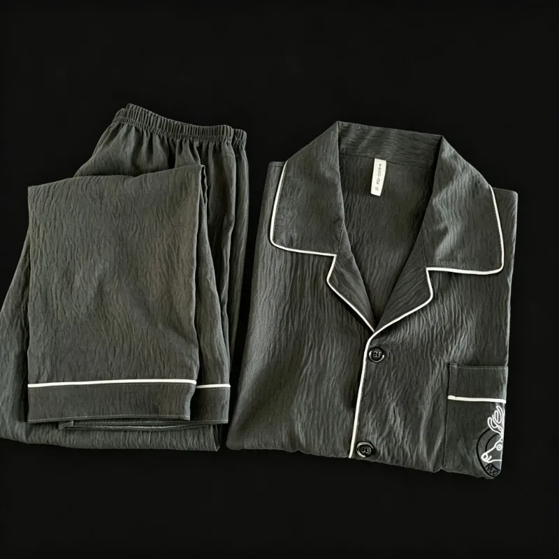 Embroidery Deer Oversized Pajamas Set for Men Casual Soft French Style Men's Pajamas Set Summer New Big Size Sleepwear Homewear
