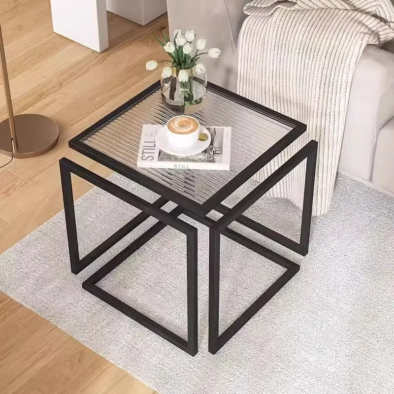 

！@Modern Simple Luxury Square Iron Coffee Table Durable Suspension Glass Side Table with Creative Art Set for Sofa Bedside