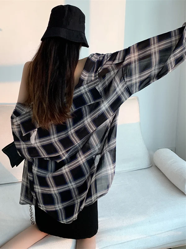Summer Women's Plaid irt Loose Lazy Sle Air Conditioned Thin Casual Versatile Long Outerwear Cardigan Sun Protection Coat