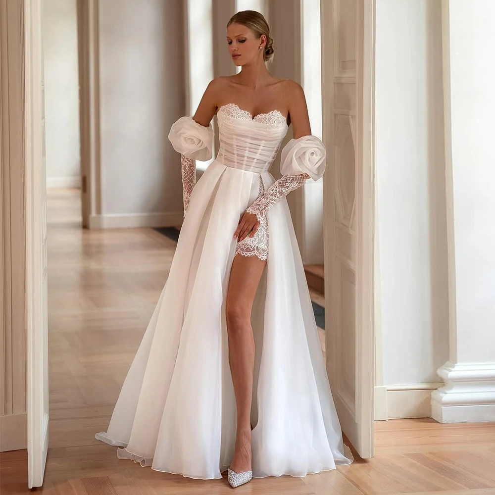 

Bowith Luxury Wedding Dresses Sweetheart Collar Strapless vestidos de novia with Detachable Sleeves Side High Slit Bridal Dress