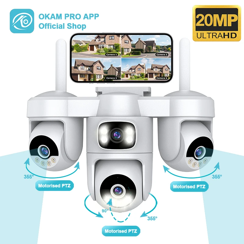 

Уличная камера OKAM PRO APP с четырьмя объективами, HD 20 МП, Wi-Fi, IP, PTZ, мобильное отслеживание, двусторонняя связь, цветное ночное видение, обнаружение людей