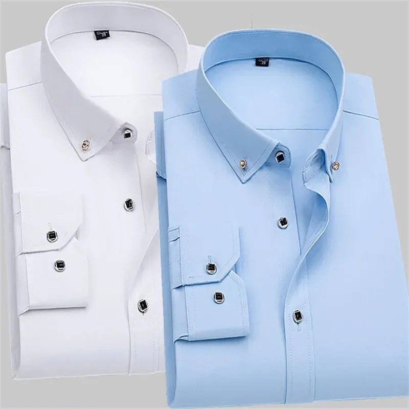 Men Plain Business Shirt Long Sleeve Autumn Spring Casual Button Down Social Slim Formal Office Wedding White Blue Dress Shirt