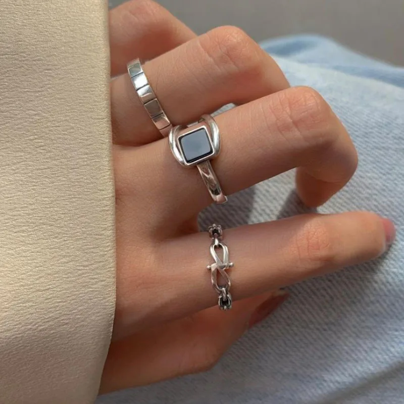 925 Sterling Silver Finger Rings New Fashion Creative Black Stone Geometric Birthday Party Jewelry Gifts