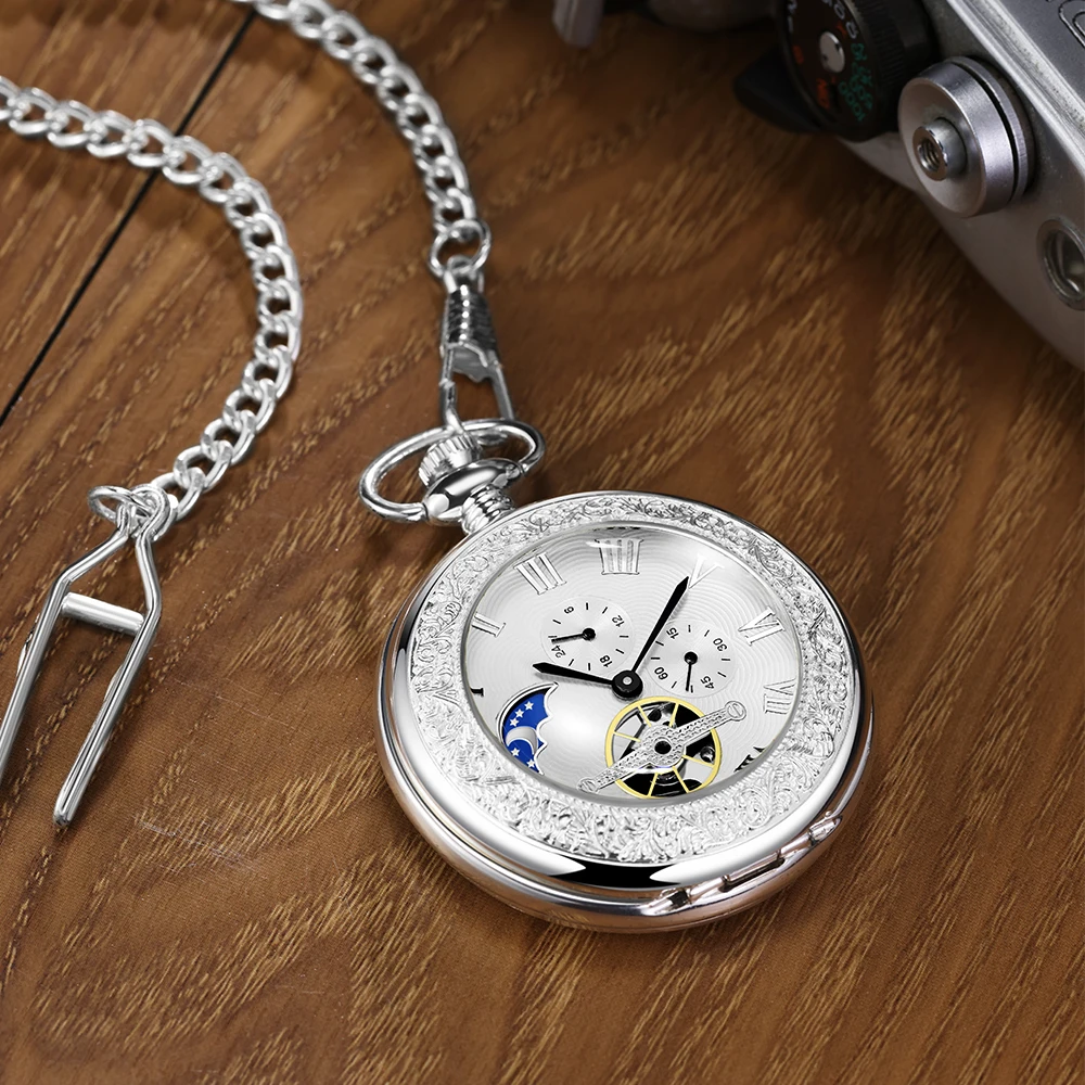 Vintage Mechanical Pocket Watch Sun, Moon, and Star Pendant The unique design comes with a thickened chain, which is perfect for