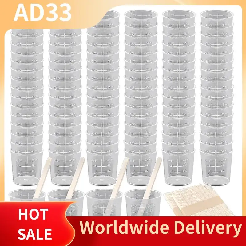 

【A28I 100 Pack Plastic Graduated Cups Transparent Scale Cups Clear Epoxy Mixing Cups With 100 PCS Stirring Sticks