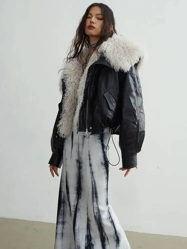 PU Black Big Size Leather Jacket New Removable Fur Collar Long Sleeve Women Coat Fashion Spring Autumn 2026 1DH0149