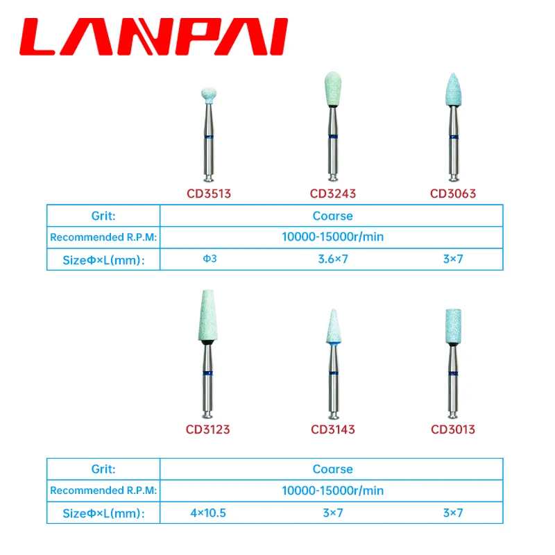 Lanpai 6pcs/box Dental Lab Ceramic Diamond Grinder Pocerlian Zirconia Polishing Grinding Head Dentistry Material Drill