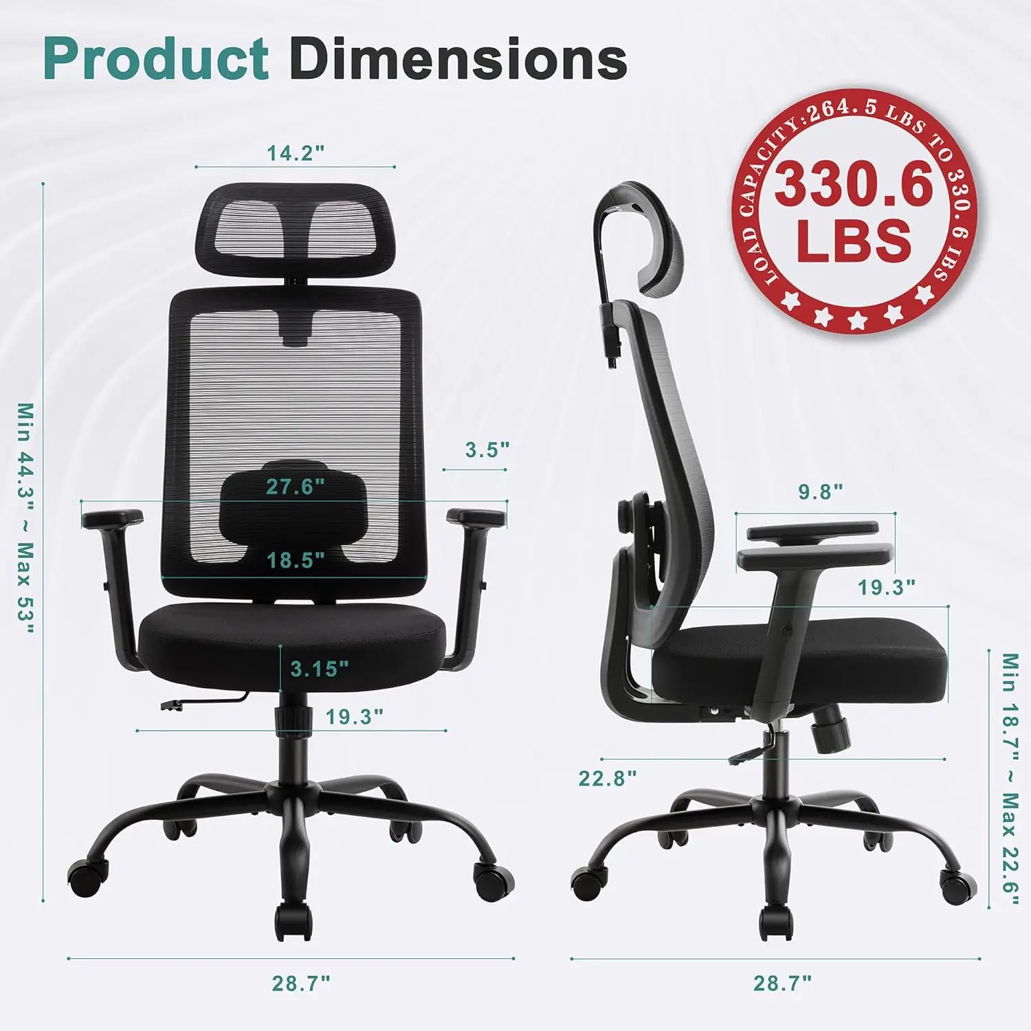 Ergonomic Office Chair with Adjustable Lumbar Support & Headrest, High-Back Mesh Computer Chairs 90-135° Tilt Lock, Executive Ch view 3
