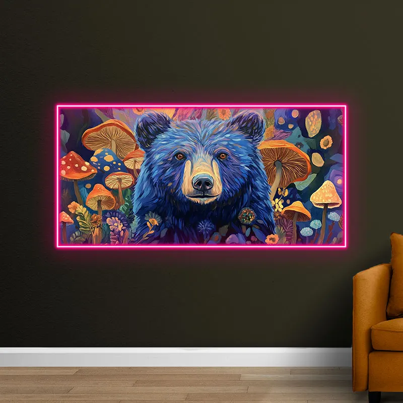 Toysign Whimsical Bear Neon Wall Art – Colorful LED Sign with Mushrooms, Enchanted Forest Scene, Vibrant Decor for Kids Room