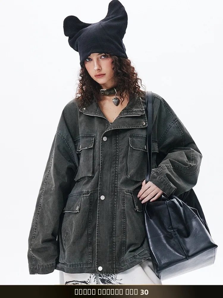 

Retro American Waed Workwear Jaet Loose Fit Casual Collar Spring New Sle ex Youthful Cotton Zipper Coat