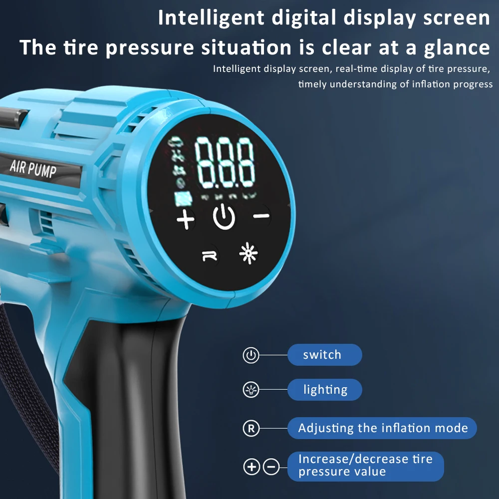 

Беспроводной воздушный компрессор Портативный насос для накачивания шин — быстрая инфляция, автоматическая остановка и предустановление давления в шинах, перезаряжаемая 21 В, 7500 мАч