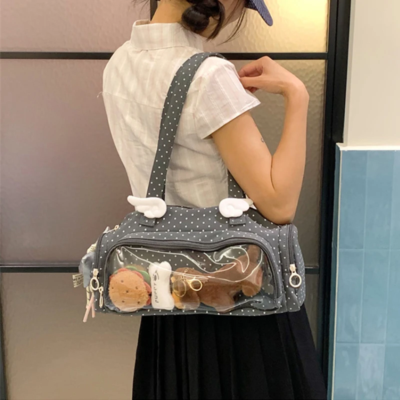 Angel Wings Ita-Tasche mit transparentem Sichtfenster, Damen-Umhängetasche im japanischen Stil, vielseitige Polka-Dot-Handtasche für den täglichen Pendelverkehr – Detail 14