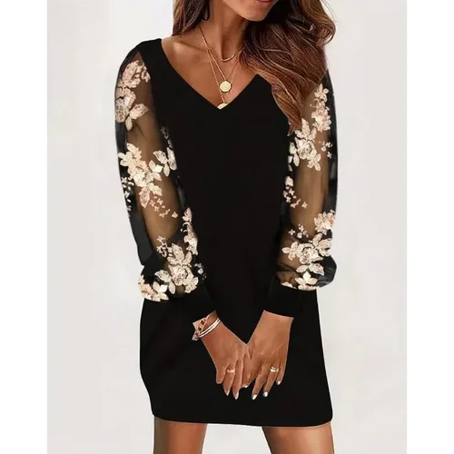 Imagen 1 del producto Vestido de fiesta elegante con empalme de encaje estampado de manga larga y cuello en V a la moda de otoño para mujer