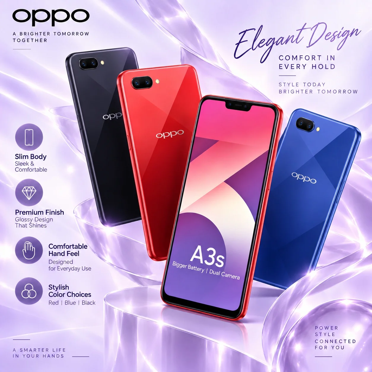 OPPO A3s: 6.2-inch display, Snapdragon 450, dual rear camera, 8MP selfie camera and 4230mAh battery for reliable all-day use.