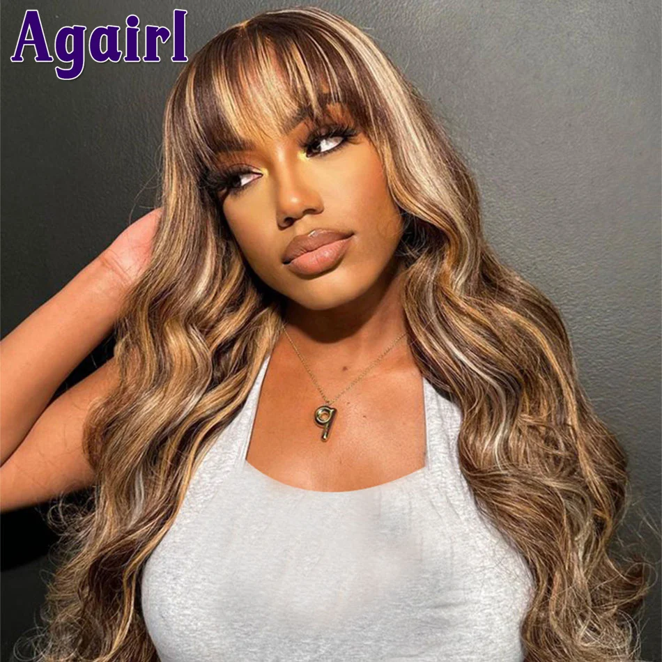 

Blonde with Brown Highlight 13X6 13X4 Body Wave Lace Frontal Human Hair Wigs With Bangs Ready Go 5X5 Lace Closure Wigs for Women