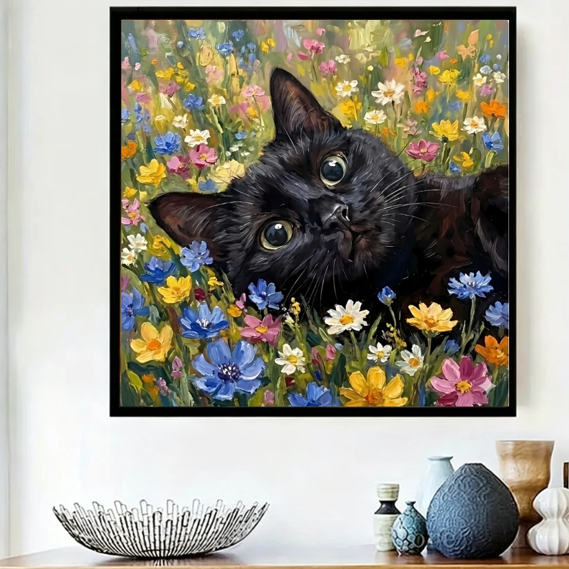 Oil Painting By Numbers Kits Black Cat Lying in Flowers Number Drawing Canvas DIY Pictures By Numbers Home Decor