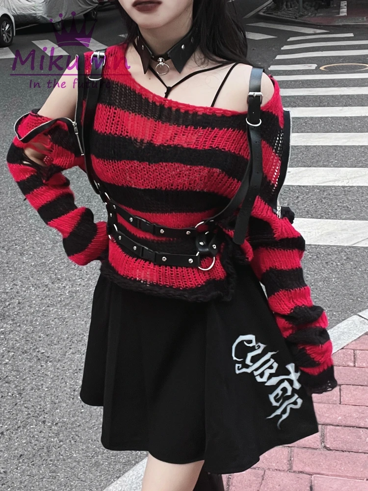 Harajuku Y2k Punk Rock Zipper Sexy Off Shoulder Sweaters Women Gothic Black Grey Red Stripes Broken Hole Loose Knitted Jumpers