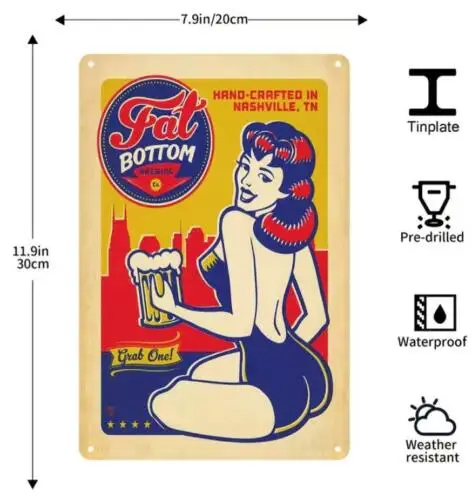 BEER METAL TIN SIGN SEXY PIN UP FAT BOTTOM BREWING CO HAND-CRAFTED NASHVILLE TN 1pc 1pc