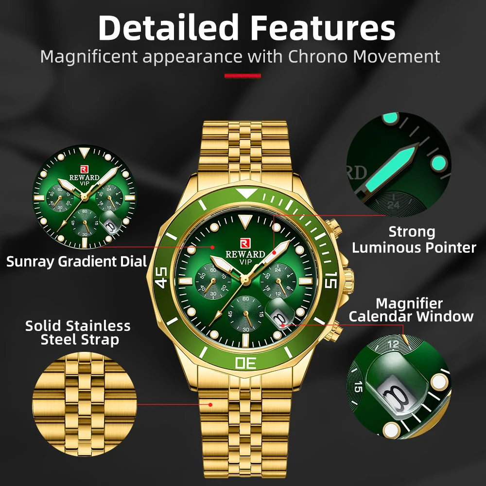 REWARD Gold Green Men's Watches Stainless Steel Band Fashion Business Quartz Watch Relogio Masculino Wristwatch For Men Gift