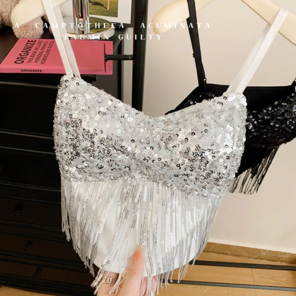 

New Sparkly Sequin Sequin Camisole Chest Pad Beautiful Back Tank Top Anti-exposure Sleeveless Top Women