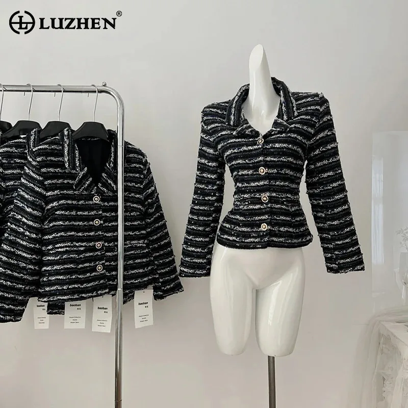 

LUZHEN Fashion Niche Stripe Woolen Lapel Short Jacket Women's 2024 Autumn Winter New Slim Design Female Casual Outwear AA1656