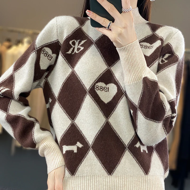 

BELIARST 100% Merino Wool Jacquard Half High Neck Sweater Loose Knit Pullover Diamond Women's Clothing Autumn Winter 2023