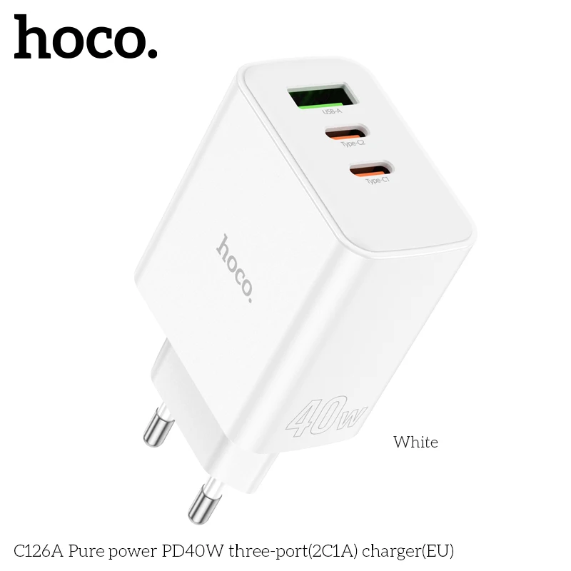 Зарядное устройство HOCO C126A PD40W с двумя портами USB-C для быстрой зарядки iPhone 15/14/13 Pro Max, PD QC3.0, настенное зарядное устройство для путешествий, зарядка для Samsung S23