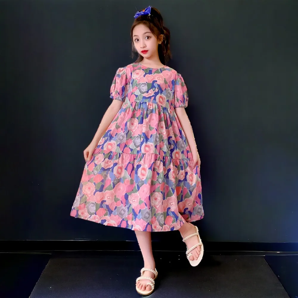 Summer Girls Princess Dresses Kids Outfits Purple Flower Clothes Short Sleeve Dress Kids Party Costumes 4 5 6 8 9 10 11 13 Years