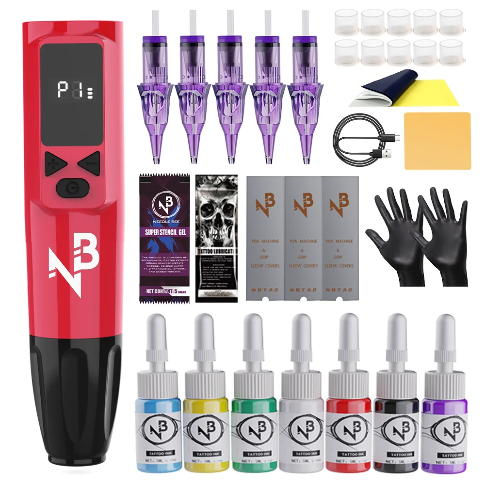 Red Black Wireless Tattoo Pen Kit LED Display 7 Colors Ink Cartridge Needles Complete Tattoo Supplies for Beginners
